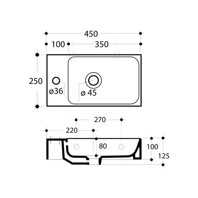 AXA Cento Mini Wall Basin Left Hand with Fixing 1 Taphole 450 x 250mm White