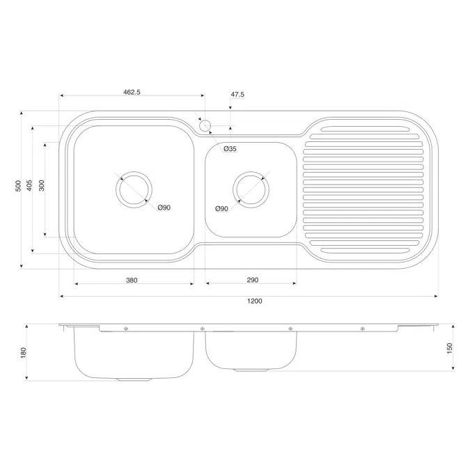 Base MK3 1 & 3/4 Bowl Sink 1 Taphole Left Hand Bowl 1200mm Stainless Steel
