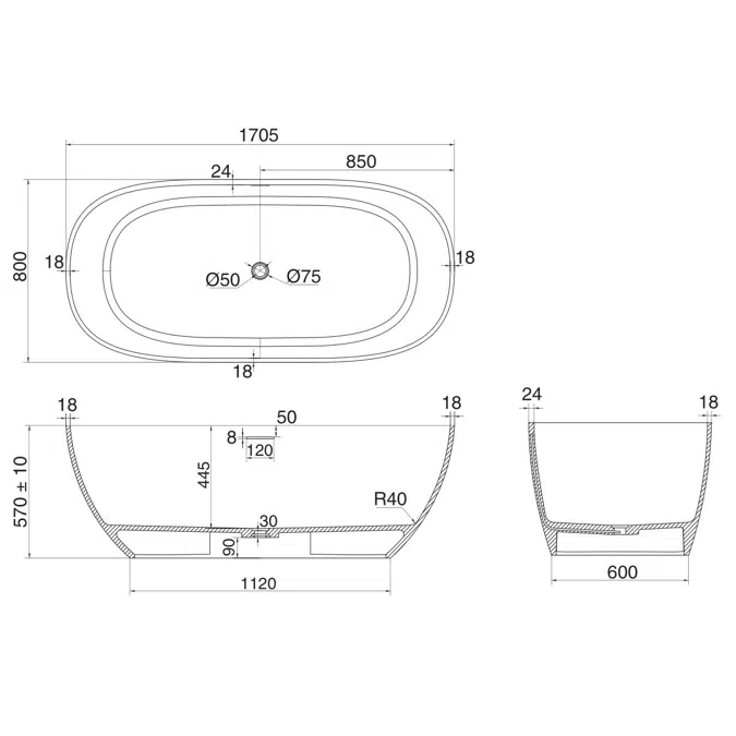 Kado Lussi Cast Solid Surface Freestanding Bath with Plug & Waste 1700mm