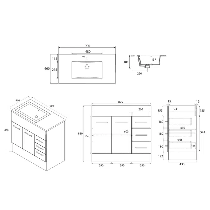 Posh Bristol MK2 900mm Vanity Unit with Kick Centre Bowl 2 Door and 3 Right Hand Drawers 3 Taphole White