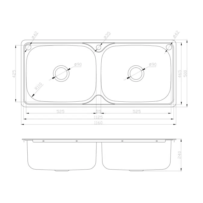 Base Double Inset Laundry Trough 1 Taphole with Bypass 90 litres Stainless Steel