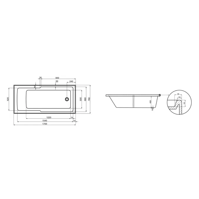 Posh Domaine Shower Bath 1700 x 780 x 400mm White