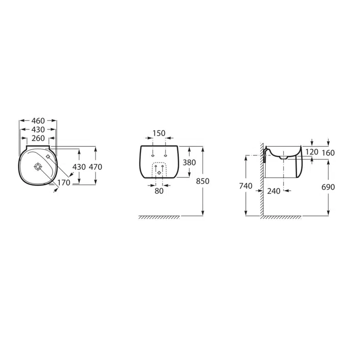 Roca Beyond Semi Totem Wall Hung Basin with Fixings 1 Tap Hole 430mm x 430mm White