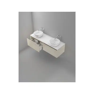 Image pour St Michel Kayla Wall Hung Vanity Unit 1200 2 Drawers Cherry Pie Roca Inspira Soft Square Above Counter Basin 370mm Double Bowl Woodgrain