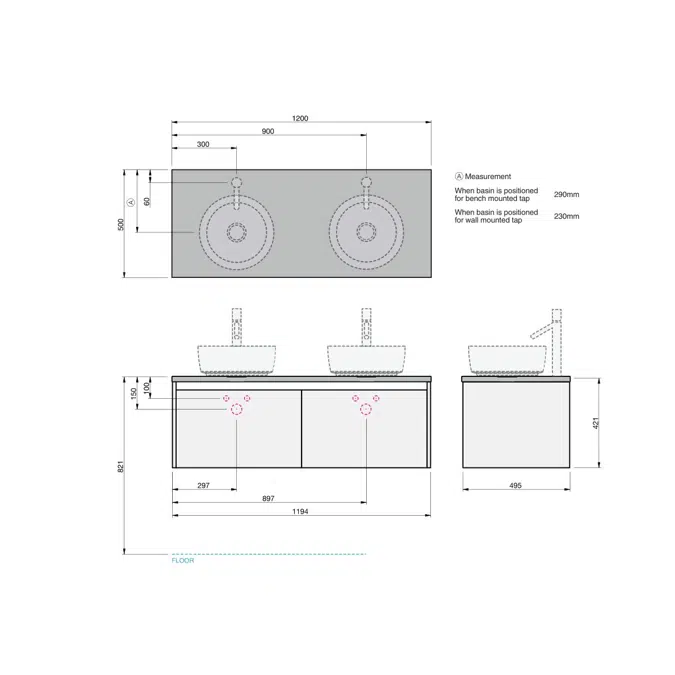 St Michel Kayla Wall Hung Vanity Unit 1200 2 Drawers Cherry Pie Roca Inspira Soft Square Above Counter Basin 370mm Double Bowl Woodgrain