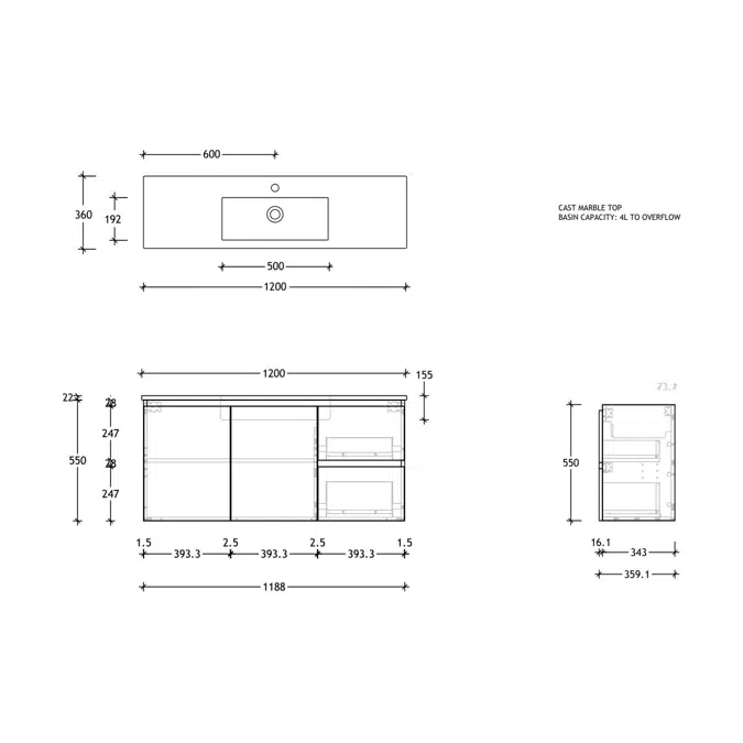 Posh Domaine Ensuite 1200mm Wall Hung Vanity Cast Marble Top