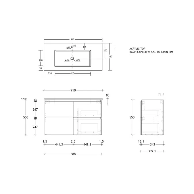 Posh Domaine 900mm Ensuite Wall Hung Vanity Unit Ceramic Top