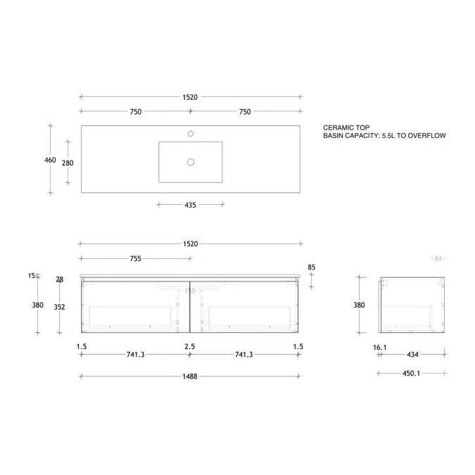 Posh Domaine 1500mm Wall Hung Vanity Unit All-Drawer Single Bowl Ceramic Top