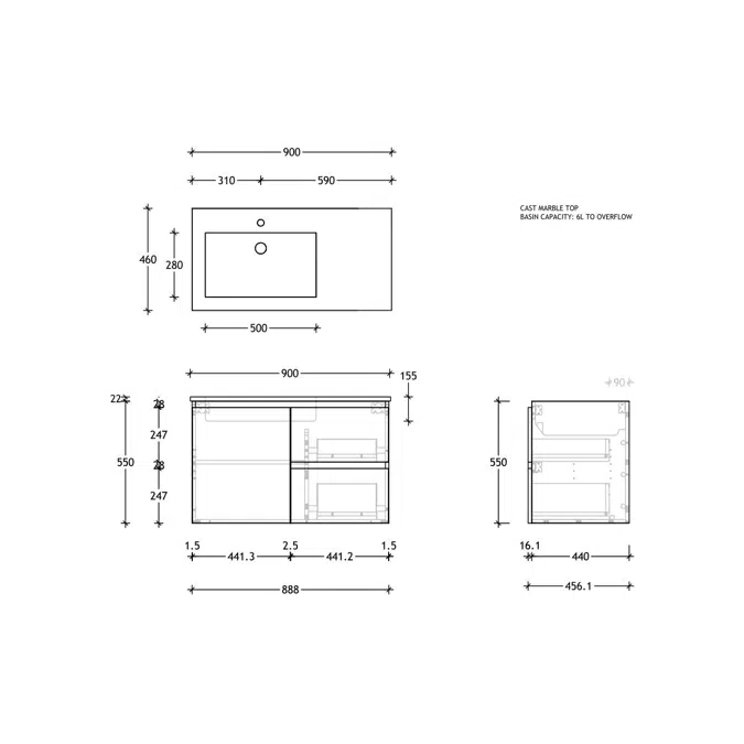 Posh Domaine Conventional 900mm Wall Hung Vanity Cast Marble Left Hand Basin