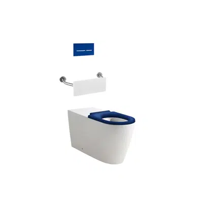รูปภาพสำหรับ Wolfen 800 Back to Wall Rimless Inwall Toilet Suite with Single Flap Seat Blue, Backrest, Raised Height Button & Plate Blue, Hideaway+ Inwall Cistern (4 Star)