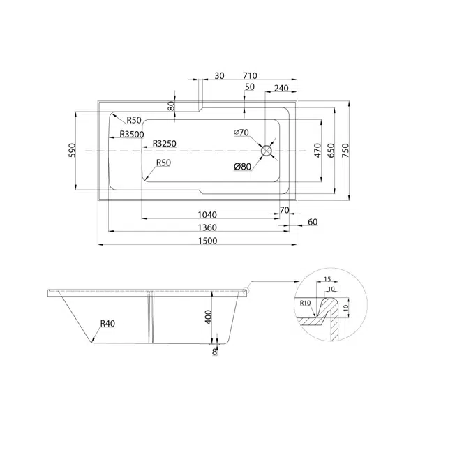 Posh Domaine Shower Bath 1500mm x 750mm White