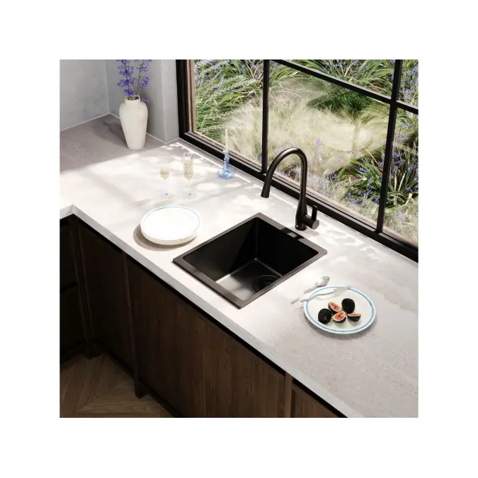 Memo Freya Compact Single Bowl Sink No Taphole Granite Black