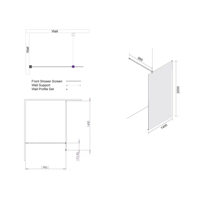 Kado Lux Fixed Shower Screen Panel and Wall Support 1400mm Chrome