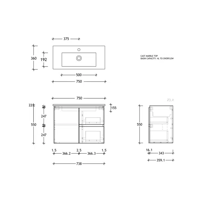 Posh Domaine Ensuite 750mm Wall Hung Vanity Cast Marble Top