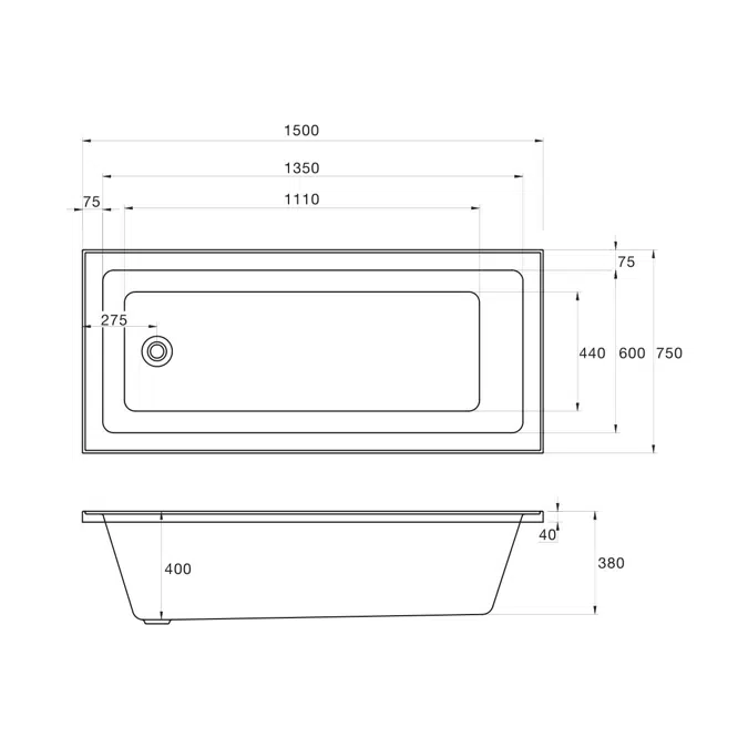 Base Acrylic Bath 1500 x 750 x 400mm White
