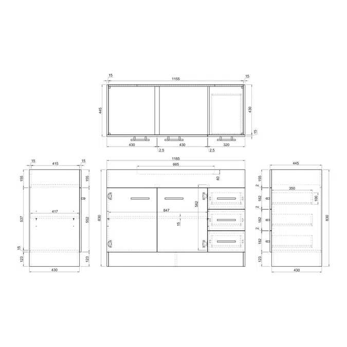 Posh Bristol MK2 Cabinet & Kick Only with 2 Door and 3 Right Hand Drawers 1200mm White