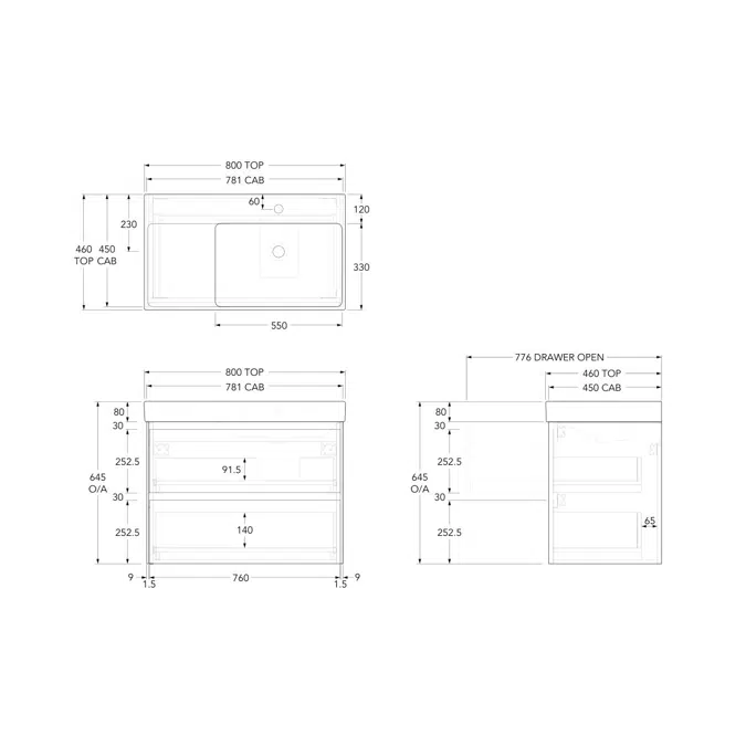 Roca Ona Vanity All Drawer Twin Right Hand Bowl 800mm Light Oak