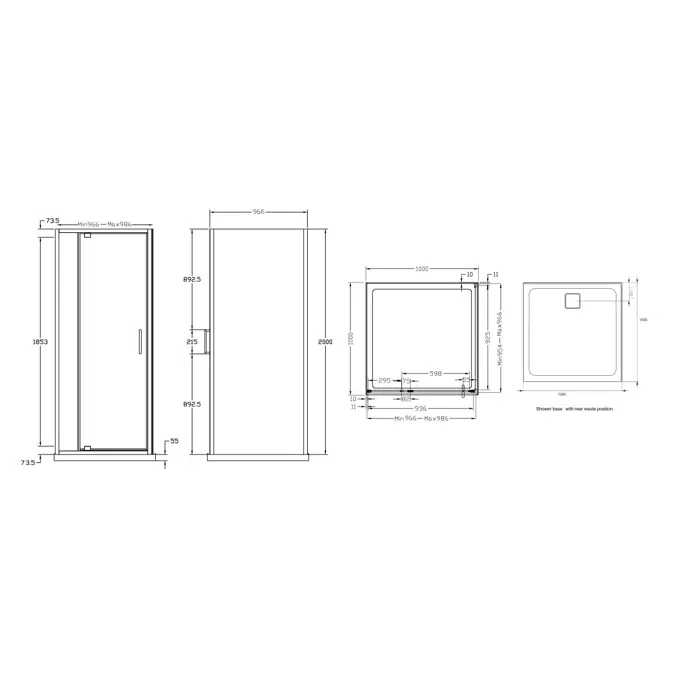 Posh Bristol Luna Shower Base & Shower Screen with Rear Outlet 1000mm x 1000mm White & Chrome