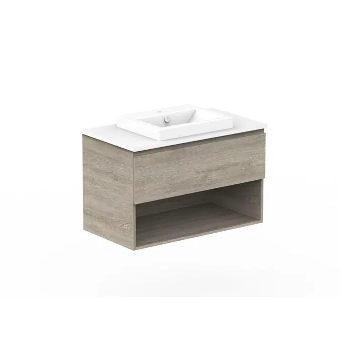 Posh Domaine 900mm Wall Hung Vanity Unit All-Drawer Open Shelf Cherry Pie Top (No Basin)