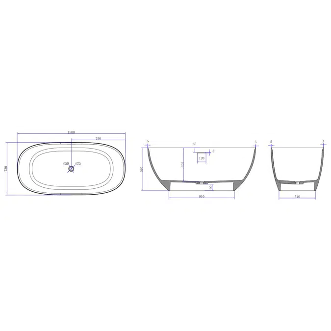 Kado Lussi Cast Solid Surface Freestanding Thin Edge Bath with Plug & Waste 1500mm White
