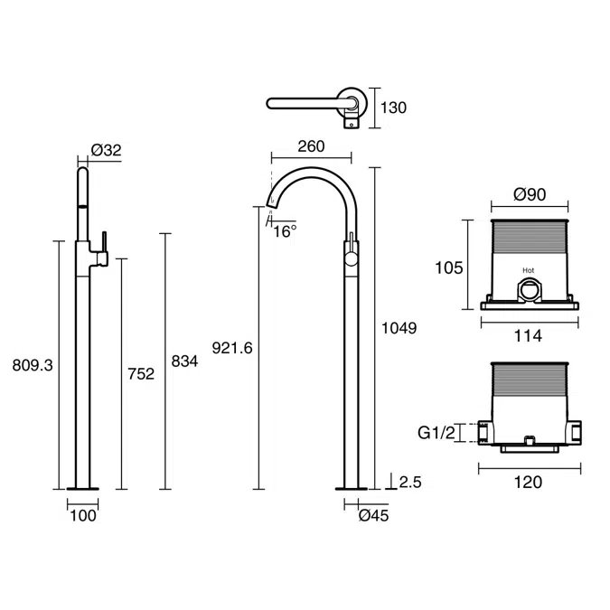 Mizu Drift Floor Mounted Bath Mixer Kit Brushed Gunmetal