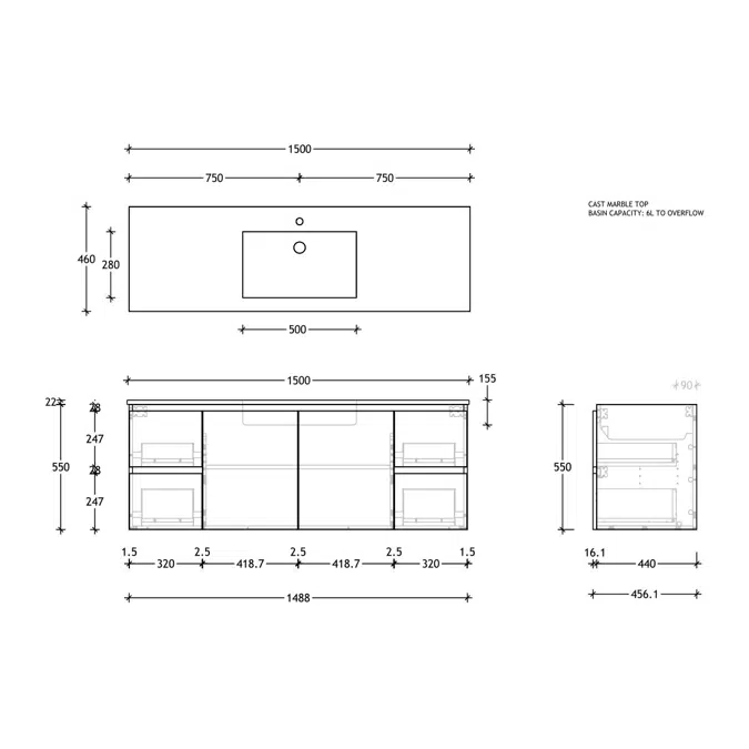 Posh Domaine Conventional 1500mm Single Bowl Basin Wall Hung Vanity Cast Marble Top