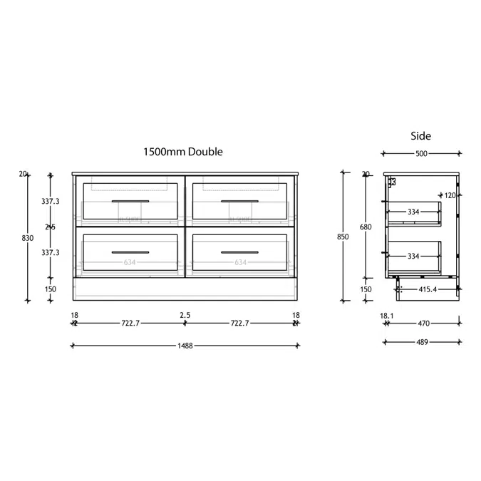 Kado Lux 1500mm All Drawer Floor Mounted Vanity Unit 4 Drawers Double Vanity (No Basin)