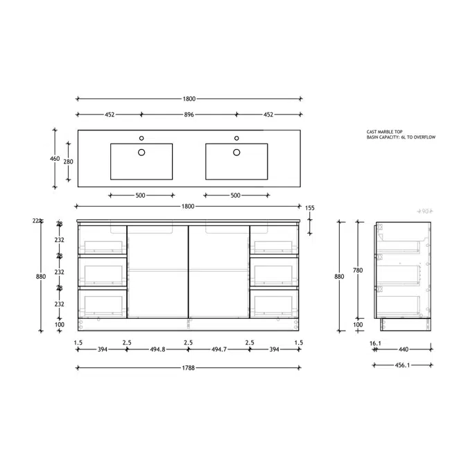 Posh Domaine Conventional 1800mm Double Bowl Floor Mounted Vanity Unit Cast Marble Top