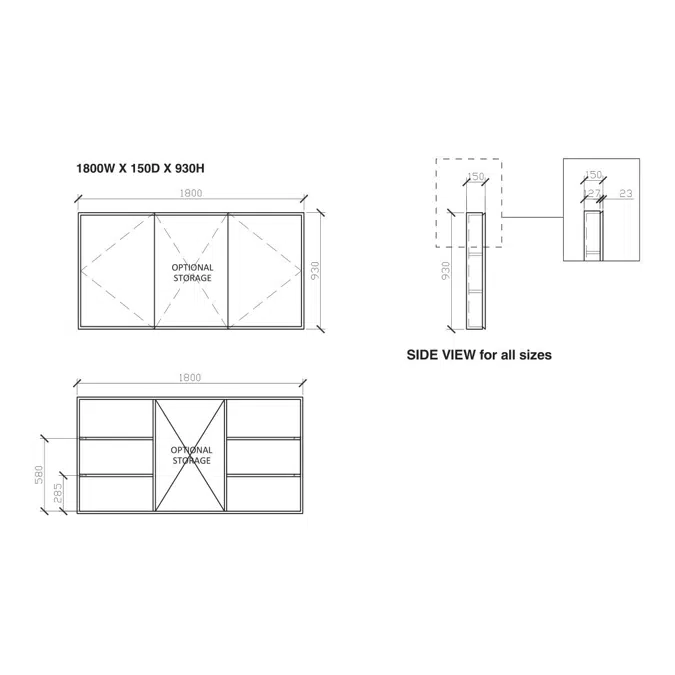 ISSY Z8 1800mm x 150mm x 930mm Triple Shaving Cabinet