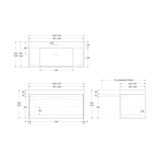 Roca Ona Vanity All Drawer Single Centre Bowl 1000mm Light Oak