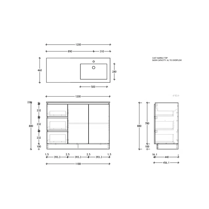 Posh Domaine Conventional 1200mm Single Bowl Floor Mounted Vanity Unit Cast Marble Top Right Hand Basin
