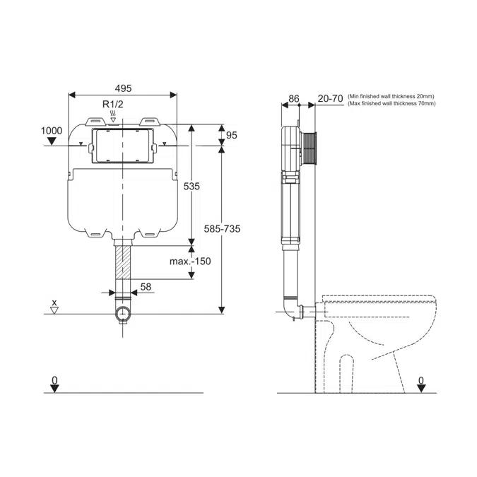 Wolfen 800 Back to Wall Rimless Inwall Toilet Suite with Single Flap Seat White, Backrest, Raised Height Button & Plate White, Hideaway+ Inwall Cistern (4 Star)