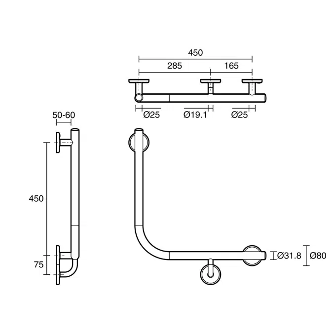 Mizu Drift 450 x 450 x 90 Degree Ambulant Toilet Grab Rail Right Hand Polished Stainless Steel