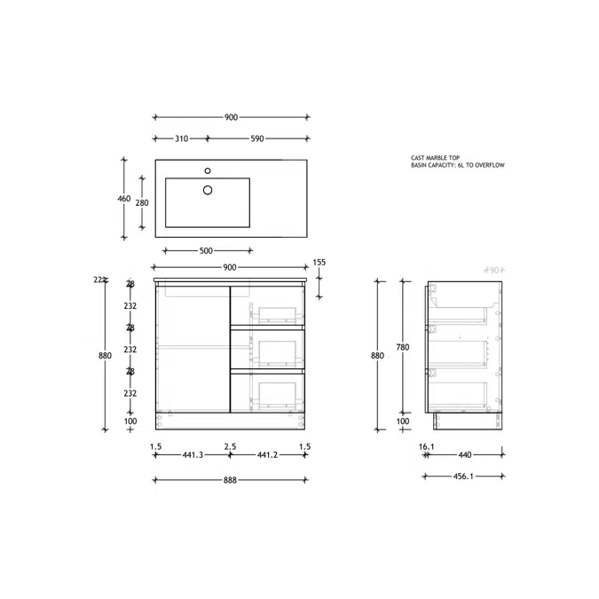 Posh Domaine Conventional 900mm Floor Mounted Vanity Unit Cast Marble Left Hand Basin