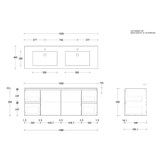 Posh Domaine Conventional 1500mm Double Bowl Wall Hung Vanity Cast Marble Top