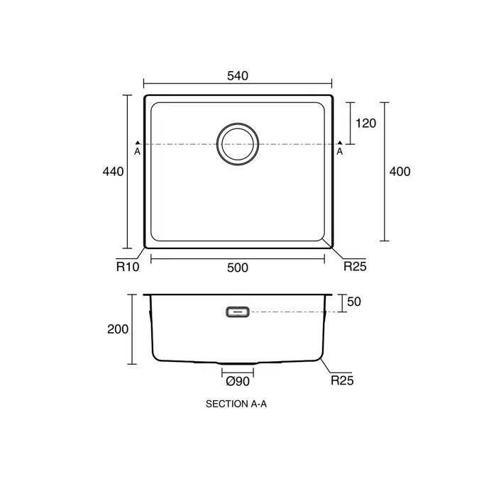 Memo Oscar Inset/Undermount Extended Single Bowl Sink 500mm Overflow No Taphole
