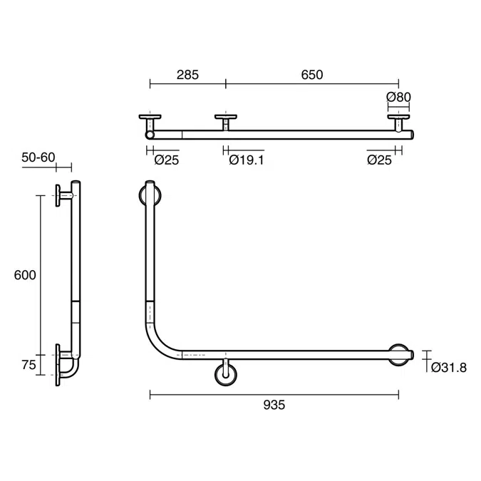 Mizu Drift 935 x 600 x 90 Degree Accessible Toilet Grab Rail Modular Right Hand Brushed Gunmetal