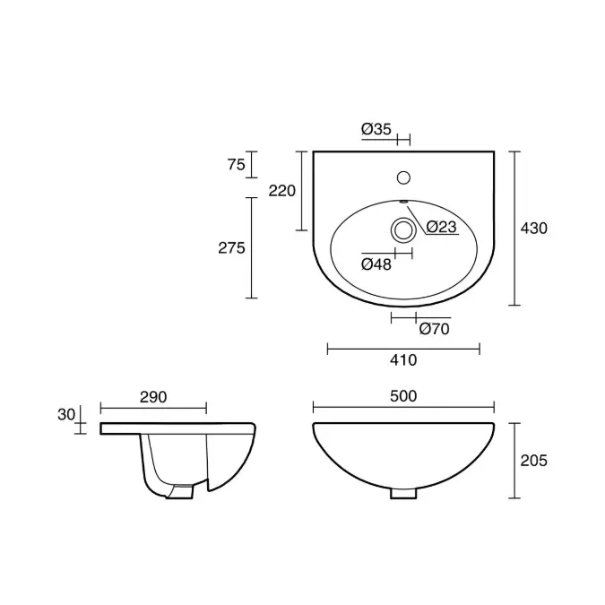 Base Semi Recessed Basin 1 Taphole 500mm White