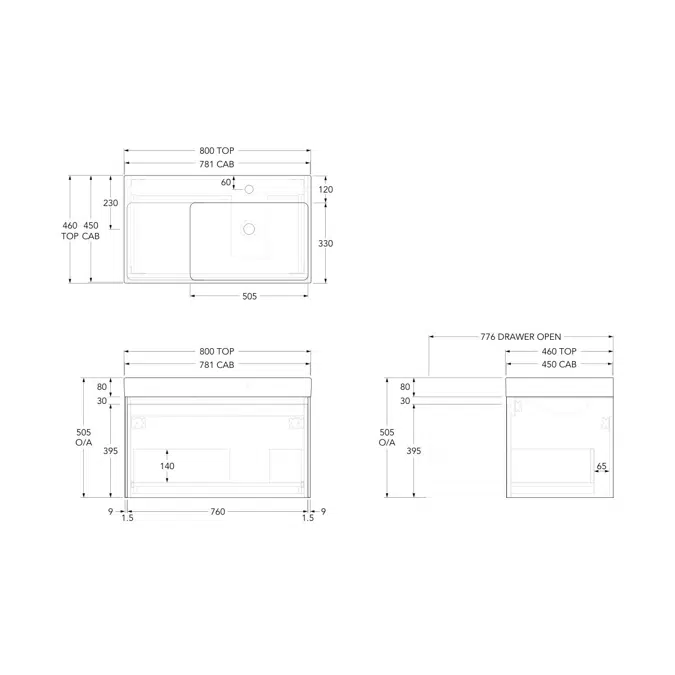Roca Ona Vanity All Drawer Single Right Hand Bowl 800mm Matte Grey