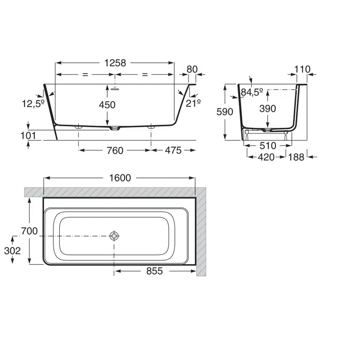 Roca Ona Stonex 1600mm x 700mm Right Hand Back to Corner Bath White
