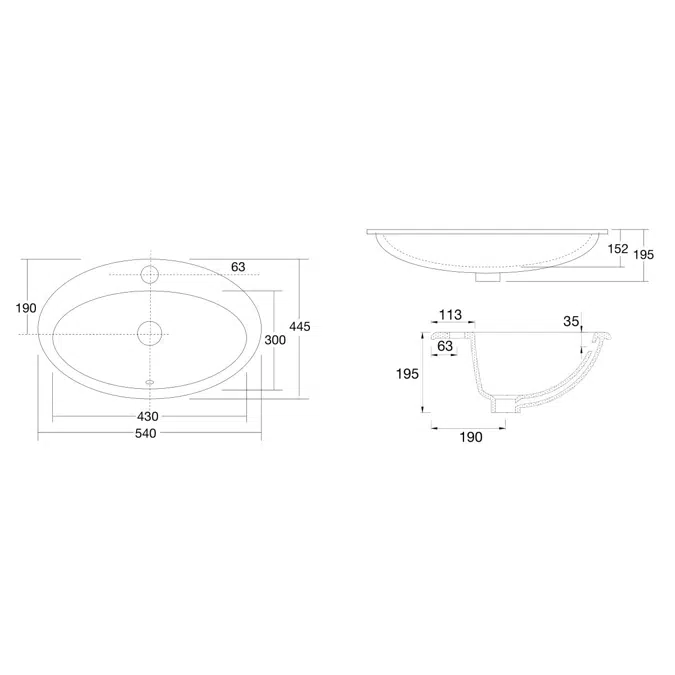 Base Vanity Basin with Front Overflow 3 Taphole 540 x 445mm White