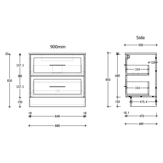 Kado Lux 900mm All Drawer Floor Mounted Vanity Unit 2 Drawers Single Centre Vanity (No Basin)