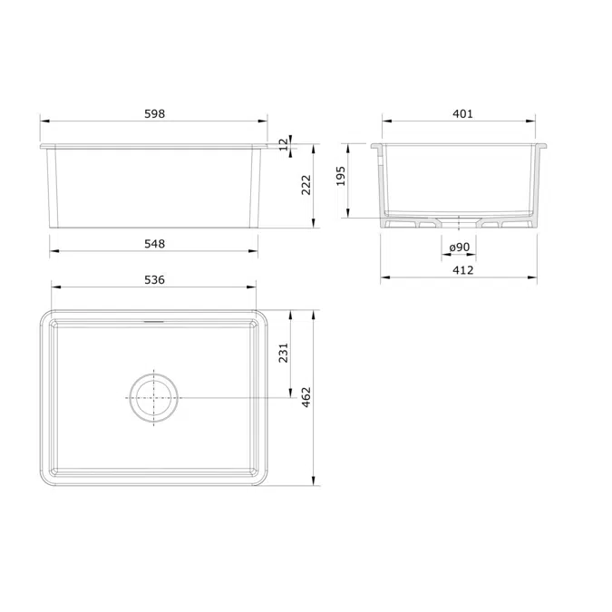Memo Harper Single Bowl Inset/Undermount Sink 600mm Fireclay White