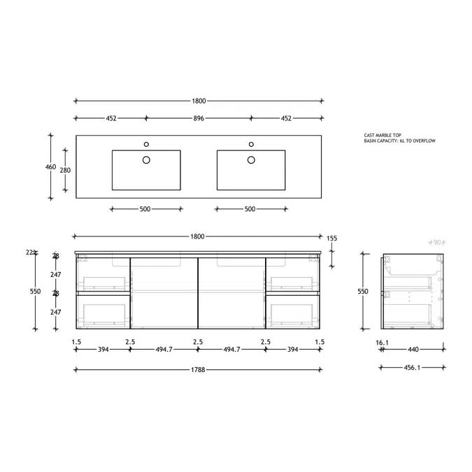 Posh Domaine Conventional 1800mm Double Bowl Wall Hung Vanity Cast Marble Top