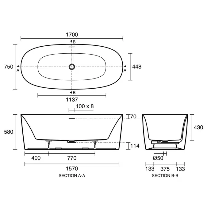 Kado Lux Freestanding Bath 1700mm x 750mm x 580mm with Overflow Matte White