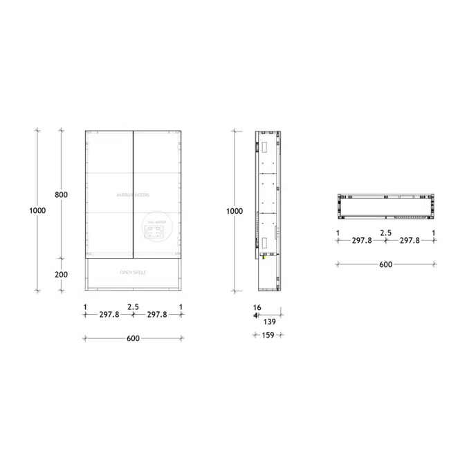 Posh Domaine Plus 600mm x 1000mm Shaving Cabinet Open Shelf 2 Door