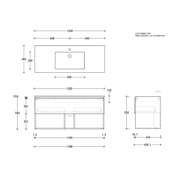 Posh Domaine Open Shelf All-Drawer 1200mm Single Bowl Basin Wall Hung Vanity Cast Marble Top