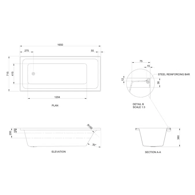 Base Acrylic Bath 1650 x 715 x 380mm White