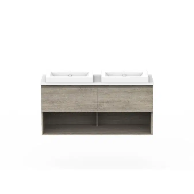 Posh Domaine 1200mm Wall Hung Vanity Unit All-Drawer Open Shelf Double Bowl Cherry Pie Top (no basin)