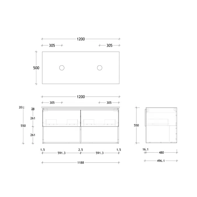 Posh Domaine 1200mm Wall Hung Vanity Unit All-Drawer Open Shelf Double Bowl Cherry Pie Top (no basin)